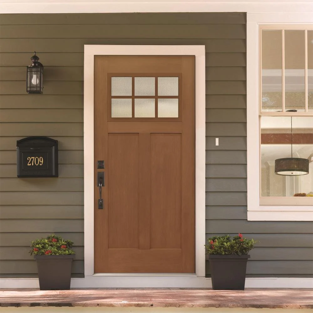 JELD-WEN 36-in x 80-in Fiberglass Craftsman Right-Hand Inswing Hazelnut Stained Prehung Single Front Door with Brickmould - Image 2