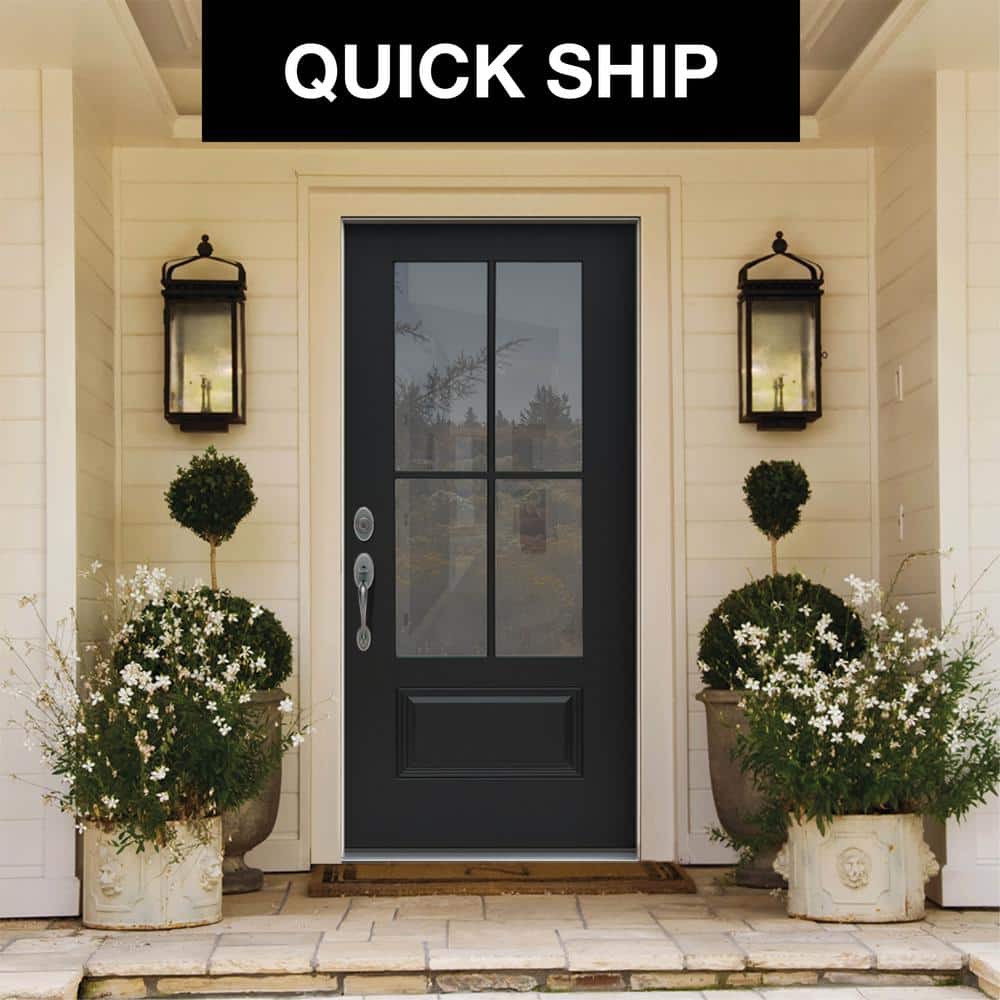 JELD-WEN 36 in. x 80 in. Right-Hand 4 Lite Clear Glass Black Painted Fiberglass Prehung Front Door with Brickmould - Image 2