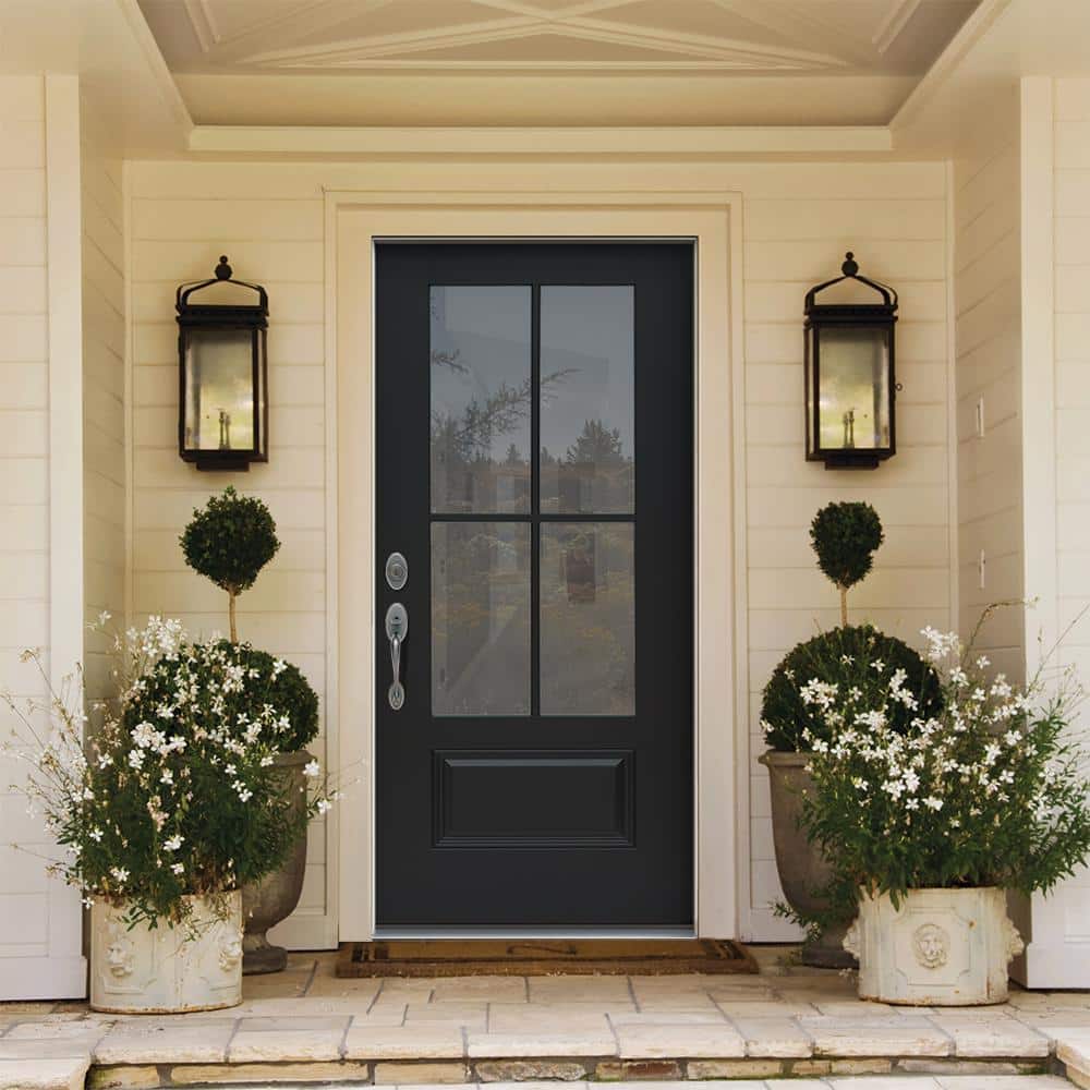 JELD-WEN 36 in. x 80 in. Right-Hand 4 Lite Clear Glass Black Painted Fiberglass Prehung Front Door with Brickmould - Image 5