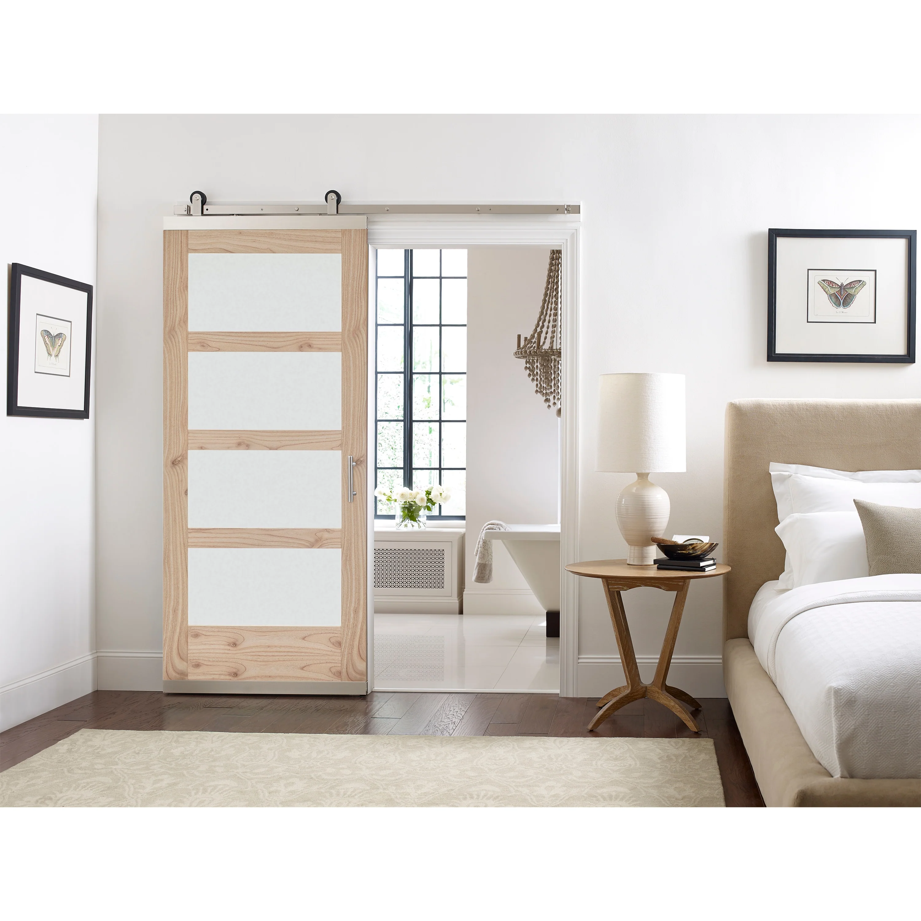 JELD-WEN 36-in x 80-in Unfinished Frosted Glass White Cedar Wood Single Barn Door - Image 4