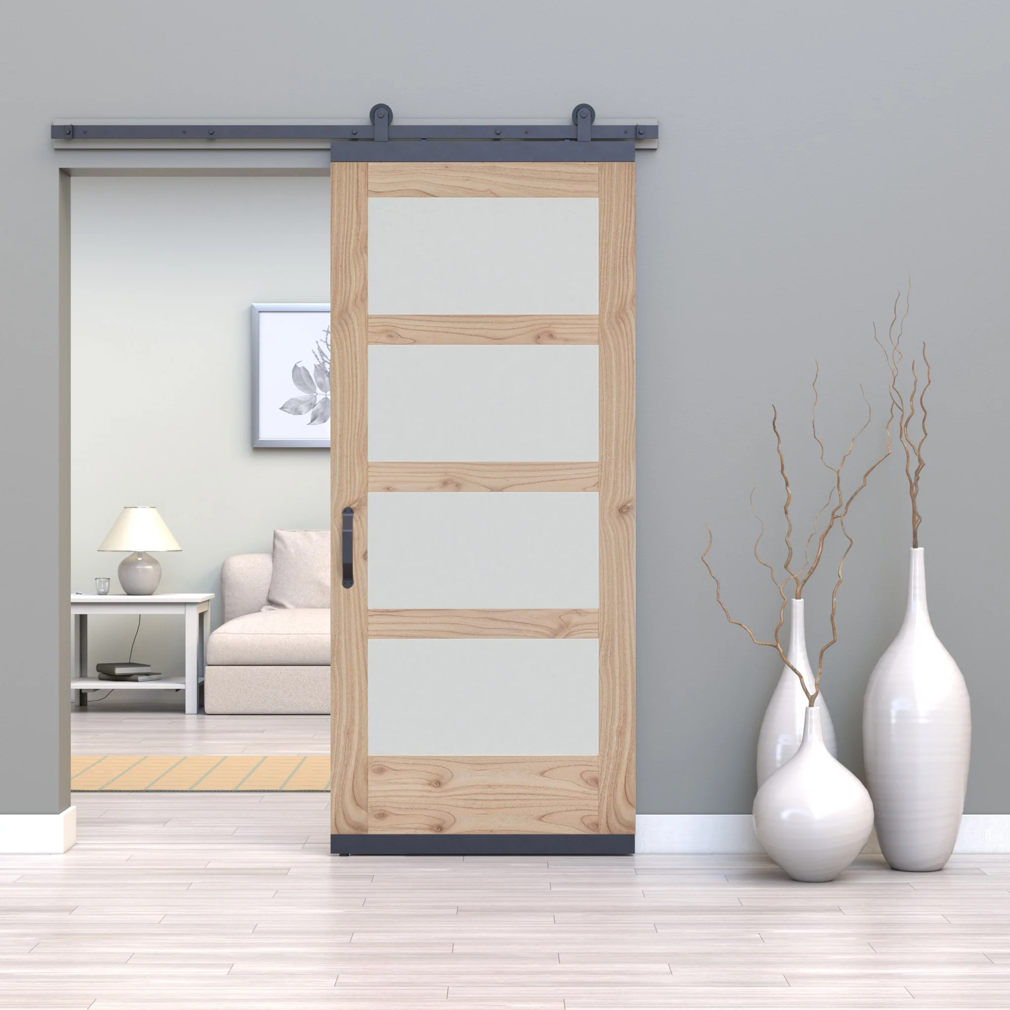 JELD-WEN 36-in x 80-in Unfinished Frosted Glass White Cedar Wood Single Barn Door - Image 5