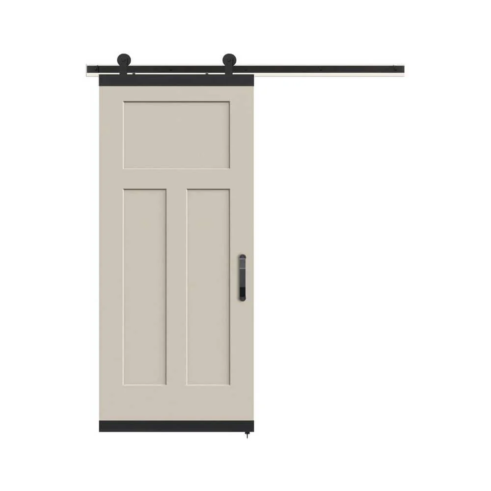 JELD-WEN 36 in. x 84 in. 3-Panel Craftsman Primed Smooth Molded Composite MDF Barn Door with Rustic Hardware Kit