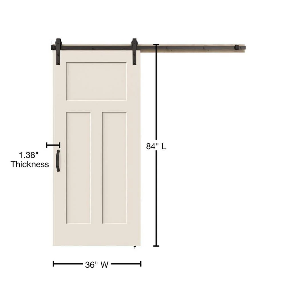 JELD-WEN 36 in. x 84 in. 3-Panel Craftsman Primed Smooth Molded Composite MDF Barn Door with Rustic Hardware Kit - Image 2