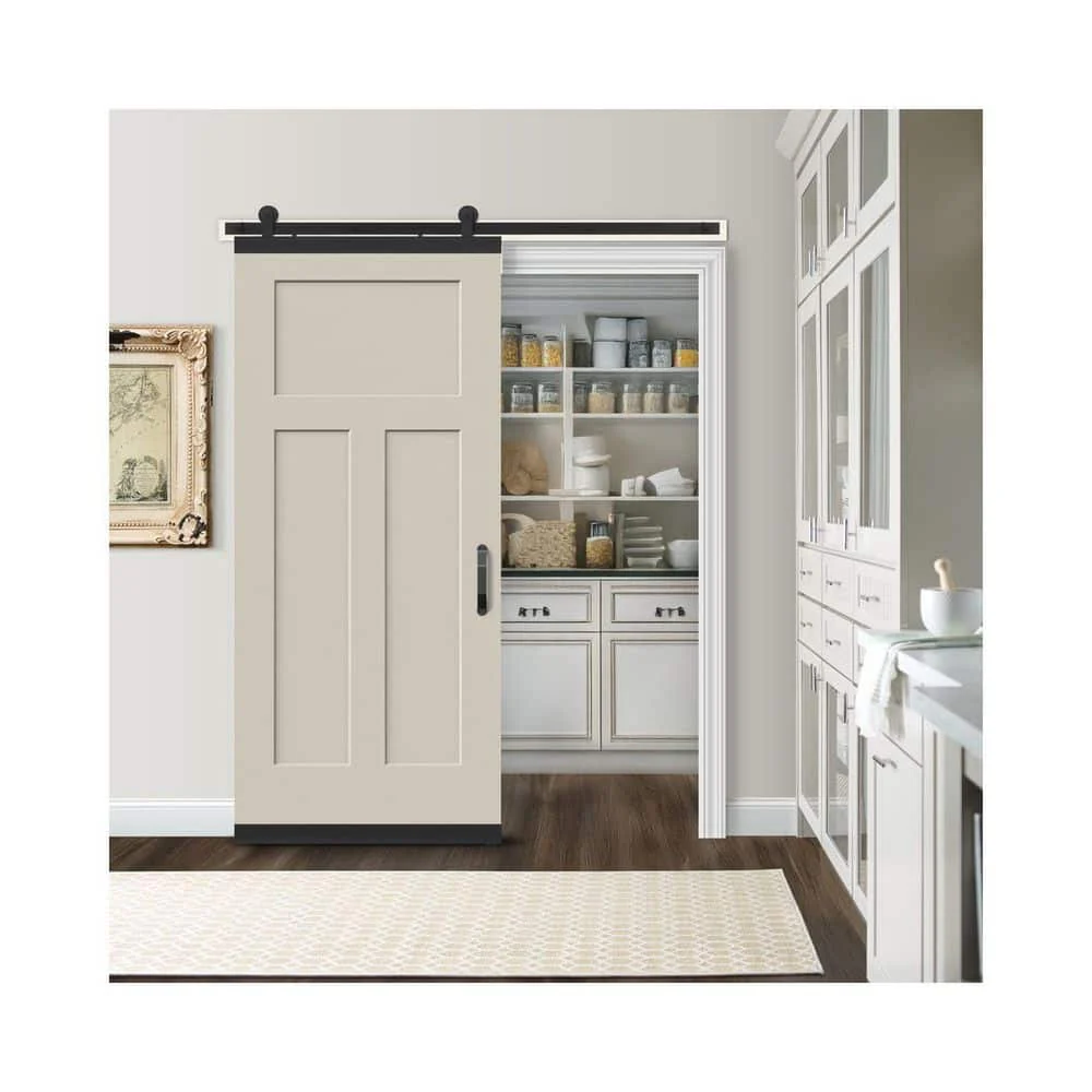 JELD-WEN 36 in. x 84 in. 3-Panel Craftsman Primed Smooth Molded Composite MDF Barn Door with Rustic Hardware Kit - Image 5