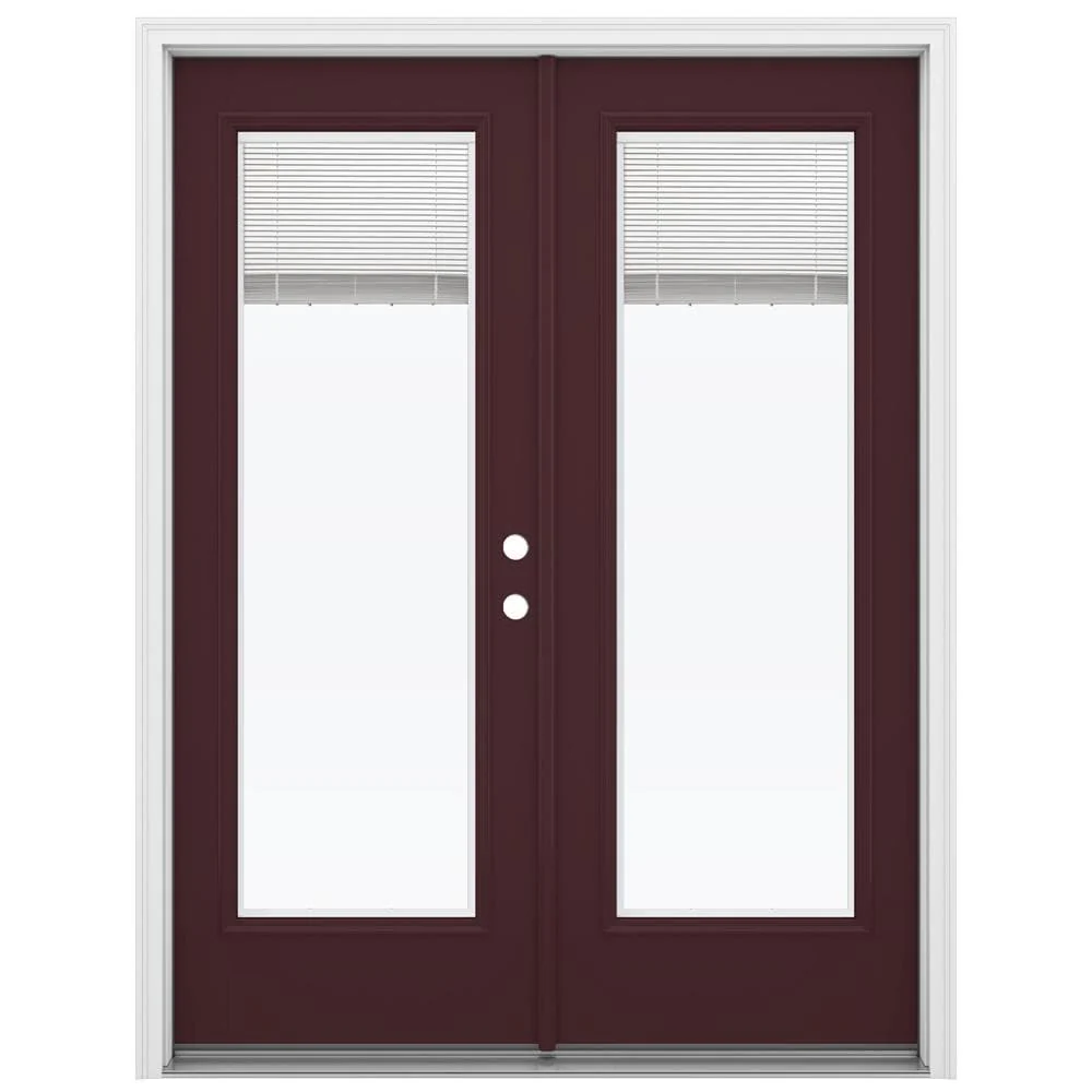 JELD-WEN 60-in x 80-in 4-9/16-in Low-E Blinds-Between-the-Glass Currant Fiberglass French Left-Hand Inswing Double Patio Door, Brickmould Included