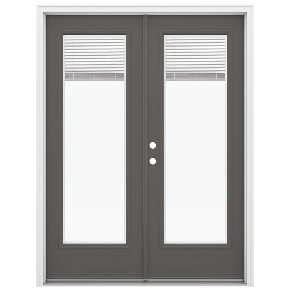JELD-WEN 60-in x 80-in 4-9/16-in Low‑E Blinds-Between-the-Glass Primed Fiberglass French Right-Hand Inswing Double Patio Door, Brickmould Included