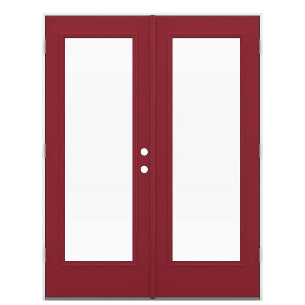 JELD-WEN 60-in x 80-in 4-9/16-in Low‑E Cranberry Fiberglass French Right-Hand Outswing Double Patio Door