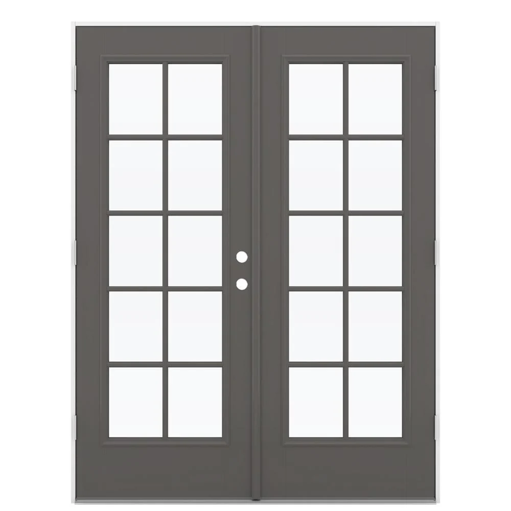 JELD-WEN 60-in x 80-in 4-9/16-in Low-E Timber Gray Fiberglass Right-Hand Outswing French Double Patio Door