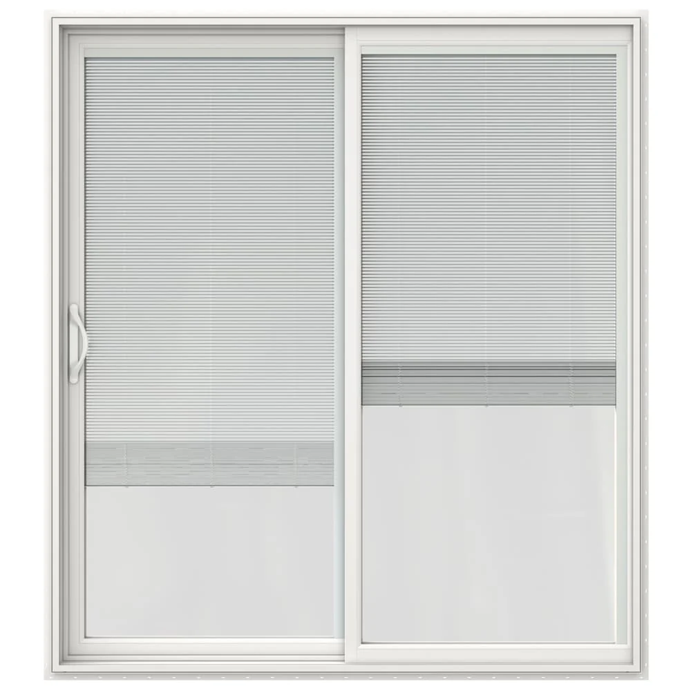 JELD-WEN 72-in x 80-in 4-9/16-in Low‑E Blinds‑Between‑Glass White Vinyl Left‑Hand Sliding Double Patio Door with Screen
