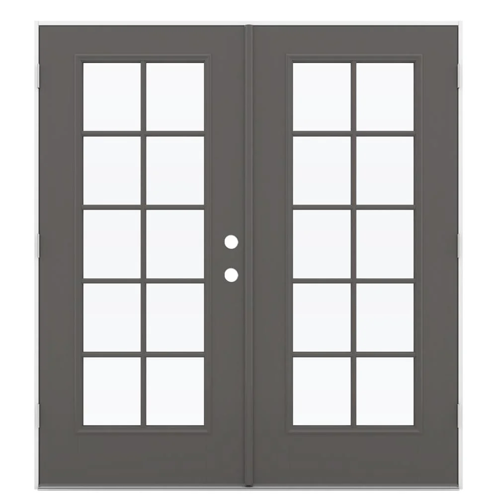 JELD-WEN 72-in x 80-in 4-9/16-in Low-E Timber Gray Fiberglass French Right-Hand Outswing Double Patio Door