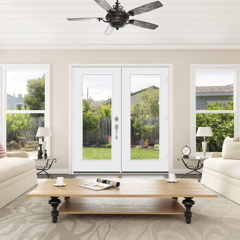 JELD-WEN F-3500 72-in x 80-in 4-9/16-in Jamb Primed Fiberglass French Right-Hand Inswing Double Patio Door with Low-E Glass, Brickmould Included - Image 4