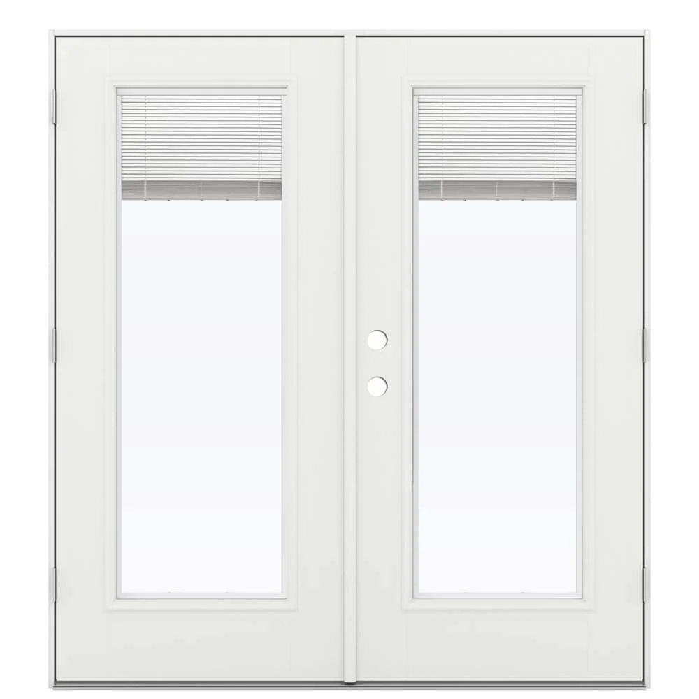JELD-WEN F-3500 72-in x 80-in 4-9/16-in Jamb White Fiberglass French Double Patio Door, Left-Hand Outswing, Low-E Tempered Glass with Blinds Between the Glass