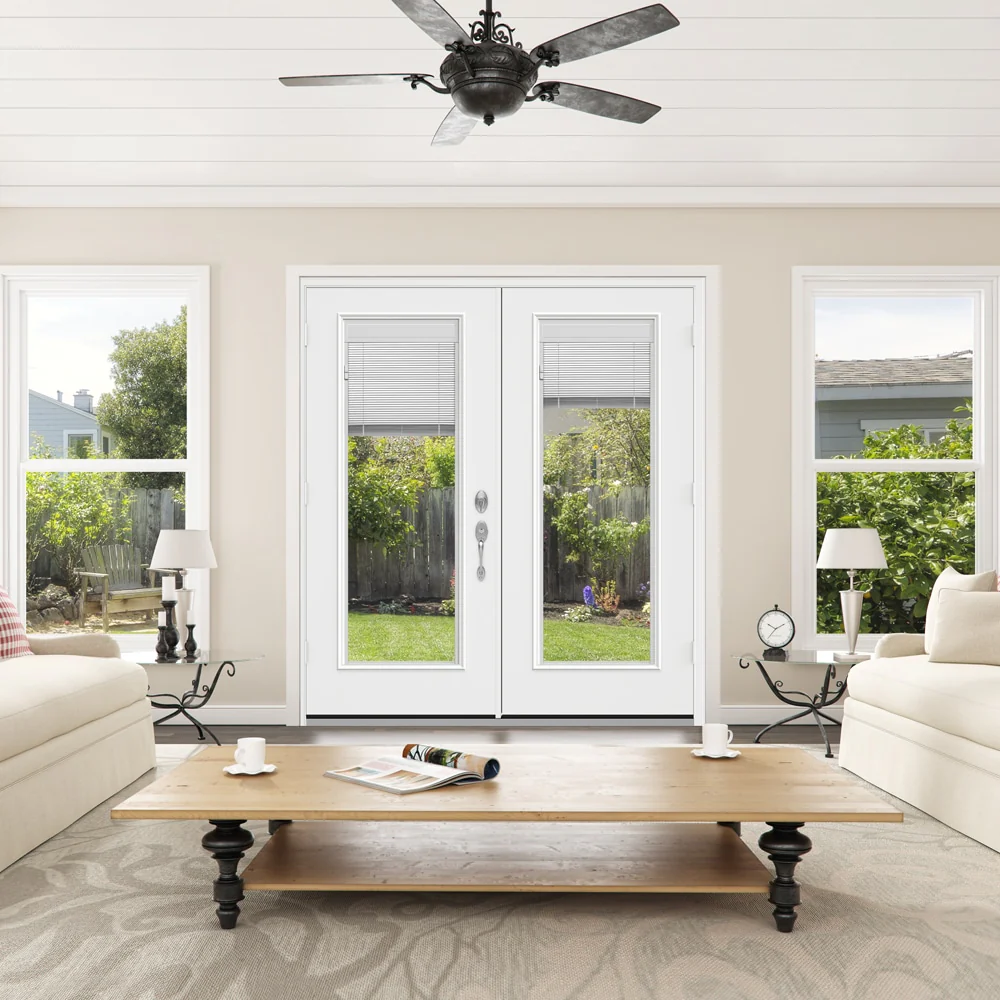 JELD-WEN F-3500 72-in x 80-in x 4-9/16-in Primed Fiberglass French Patio Door, Right-Hand Inswing, Low-E Tempered Glass with Blinds (Brickmould Included) - Image 3