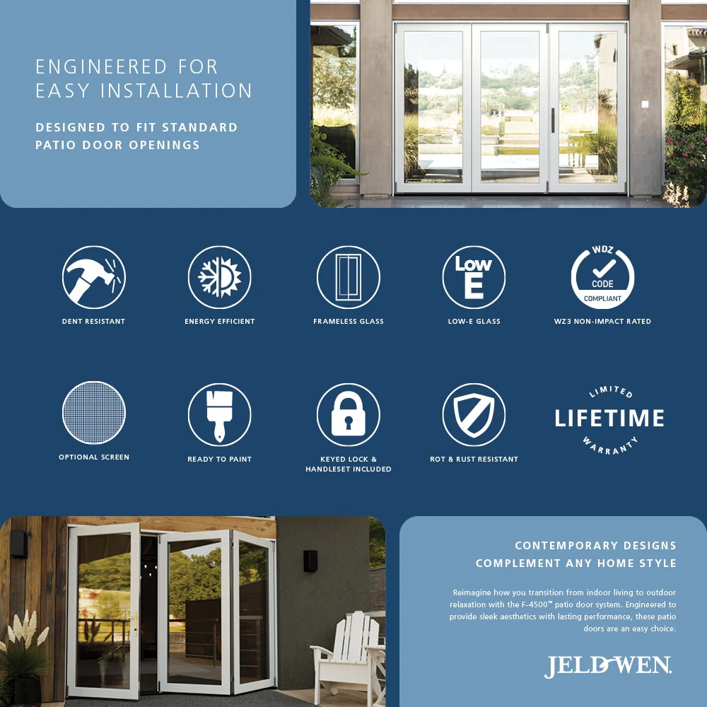 JELD-WEN F-4500 108-in x 80-in x 5-5/8-in Jamb Primed Fiberglass Right-Hand 3-Panel Folding Patio Door with Low-E Tempered Glass (Screen Included) - Image 2