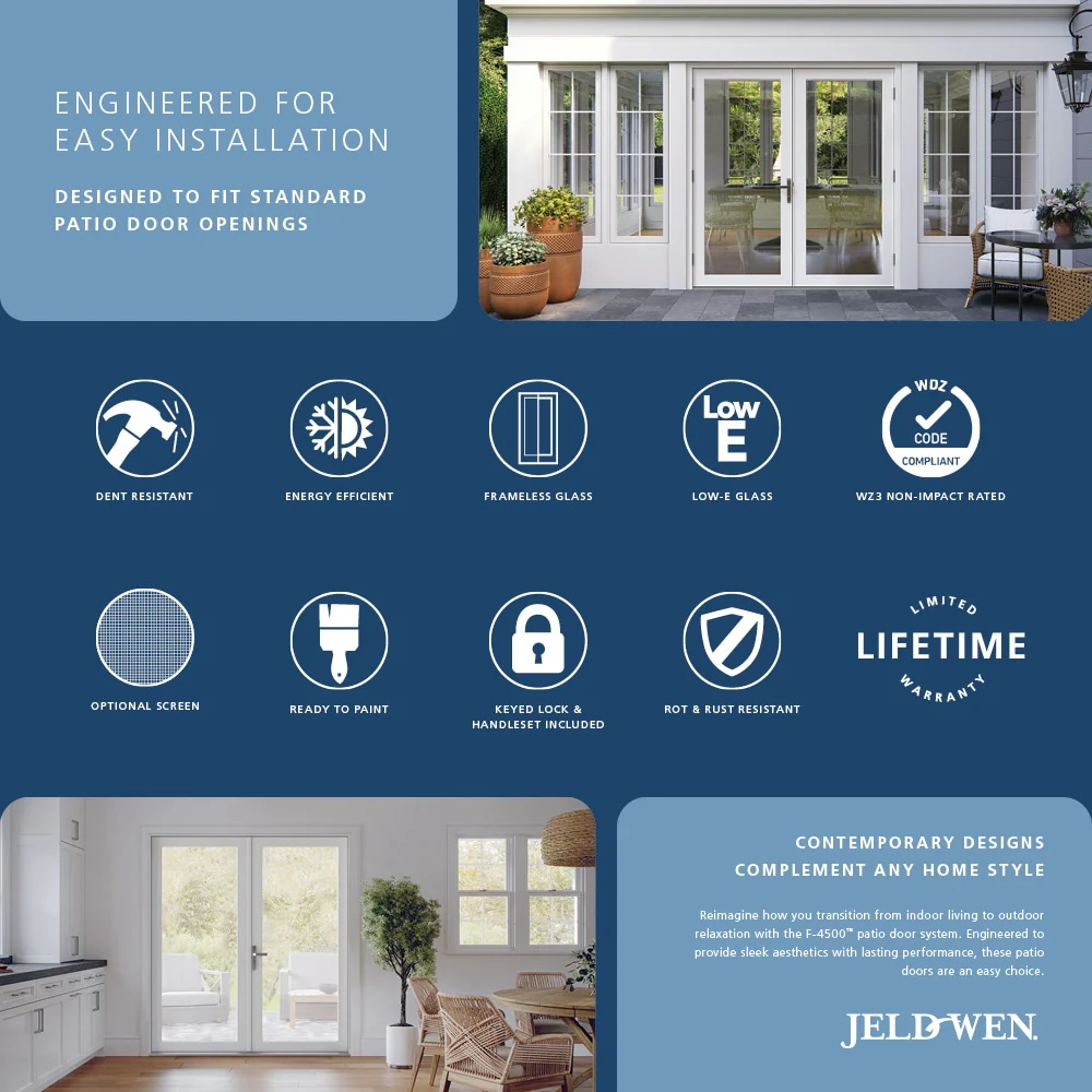 JELD-WEN F-4500 72-in x 80-in 4-9/16-in Low-E Primed Fiberglass French Right-Hand Outswing Double Patio Door - Image 2
