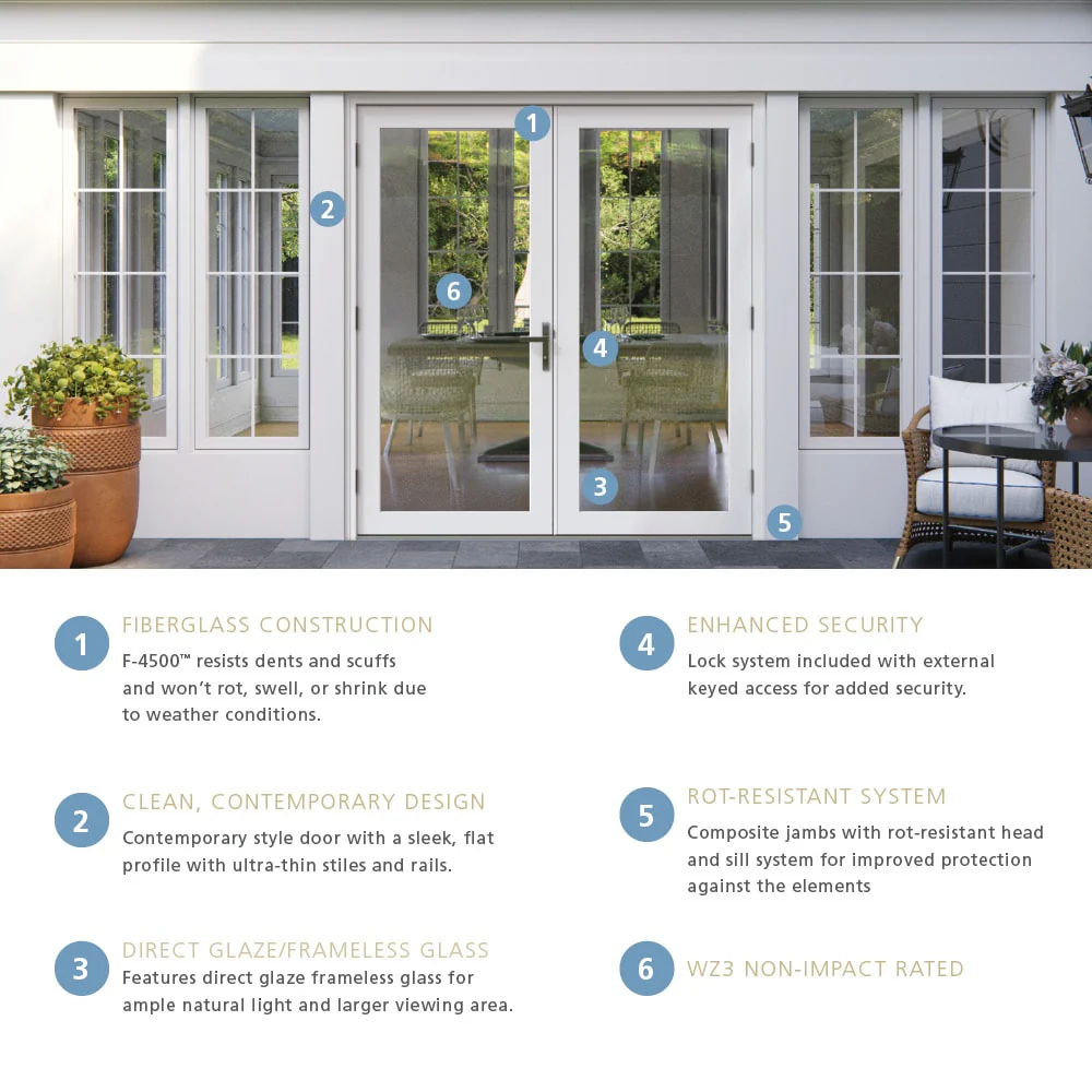 JELD-WEN F-4500 72-in x 80-in x 4-9/16-in Low-E Primed Fiberglass French Left-Hand Outswing Double Patio Door - Image 5