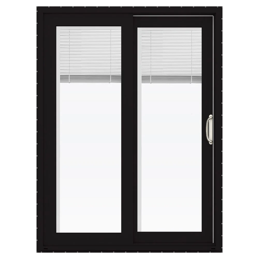 JELD‑WEN FiniShield V‑4500 60-in x 80-in x 4-9/16-in Right-Hand Black Vinyl Sliding Patio Door, Low‑E Glass with Blinds Between the Glass, Screen Included