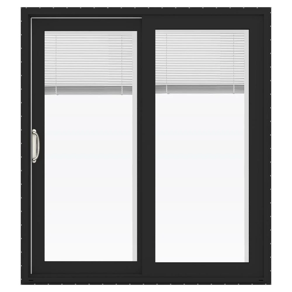 JELD-WEN FiniShield V-4500 72-in x 80-in 4-9/16-in Low-E Blinds-Between-the-Glass Bronze Vinyl Left-Hand Sliding Double Patio Door with Screen