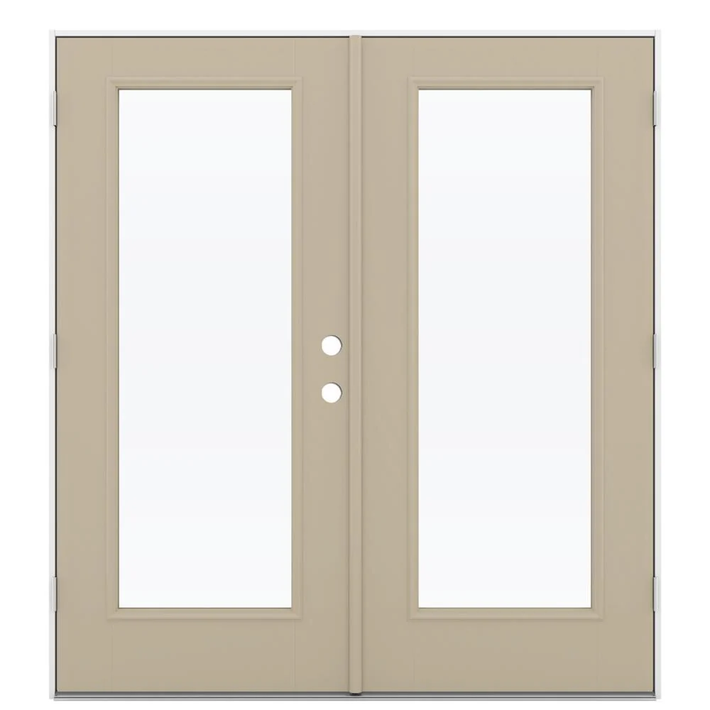 JELD-WEN French 72-in x 80-in 4-9/16-in Low-E Sandy Shore Fiberglass Right-Hand Outswing Double Patio Door