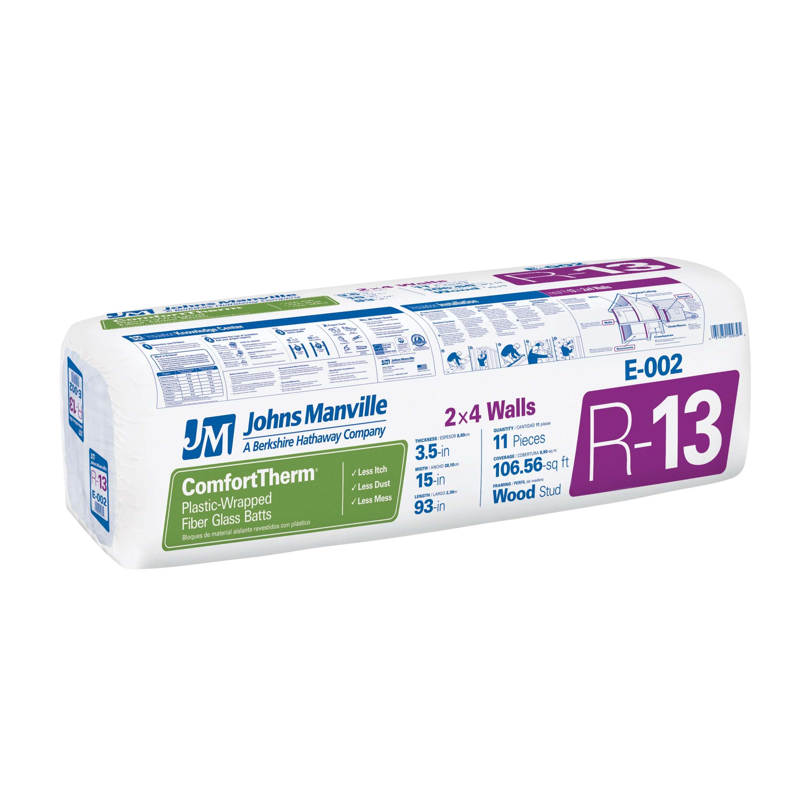 JM ComfortTherm R-13 Poly-Encapsulated Fiberglass Batt Insulation, 15 in x 93 in (106.56 sq ft)