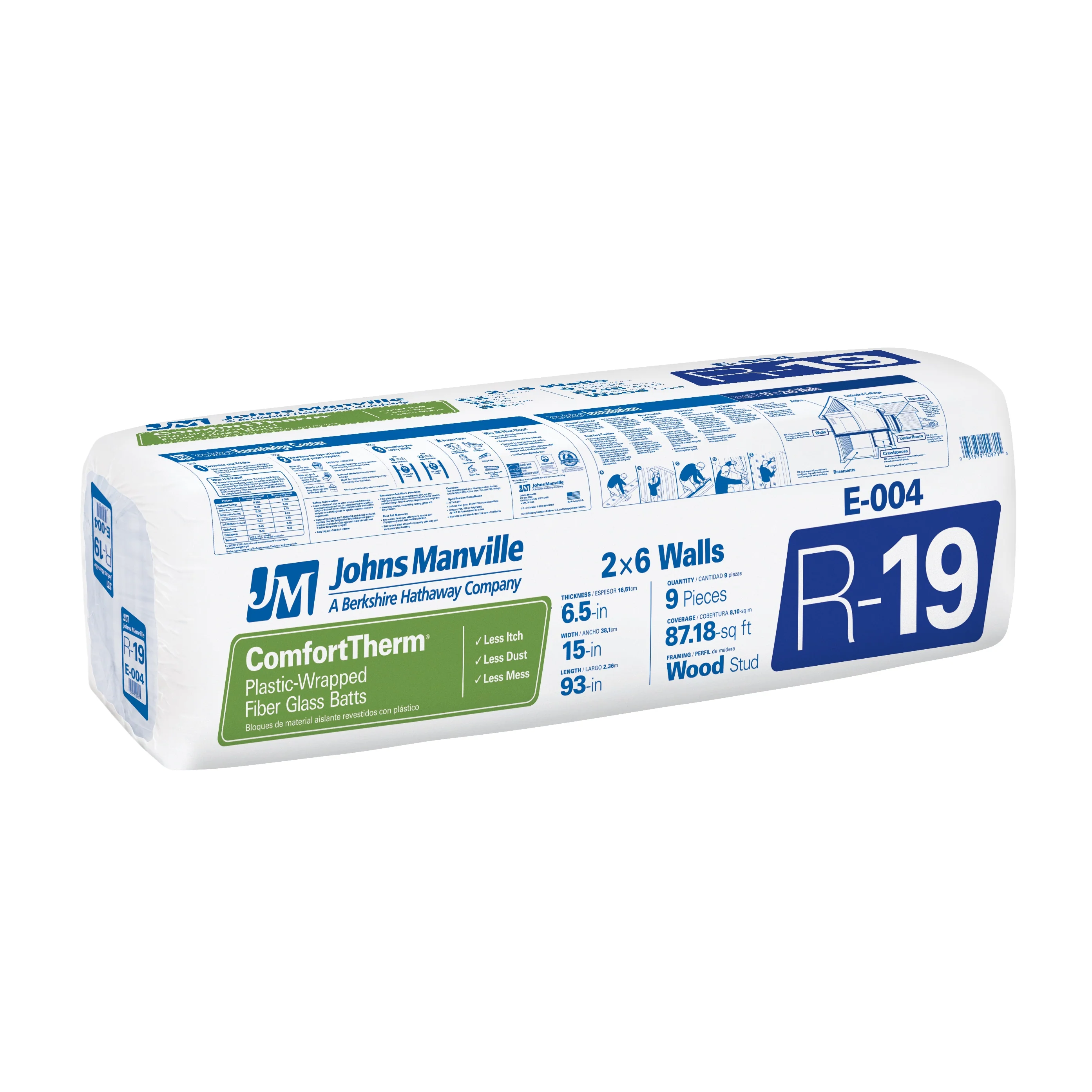 JM (Johns Manville) ComfortTherm R-19 Encapsulated Fiberglass Batt Insulation, 15 in x 93 in (87.18 sq ft)