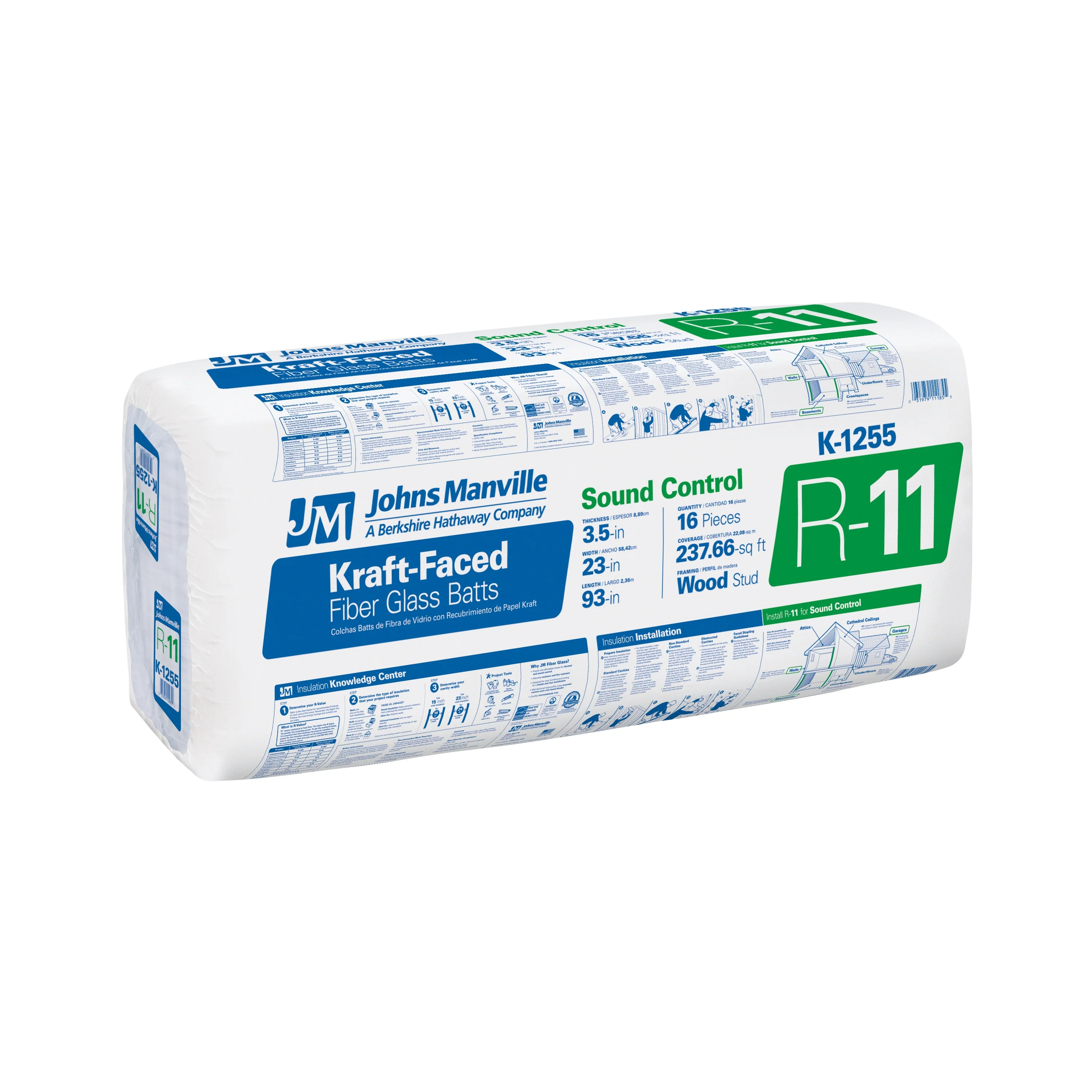 Johns Manville R-11 Kraft-Faced Fiberglass Batt Insulation, 237.66-sq ft Coverage, 23 in W x 93 in L (K1255)