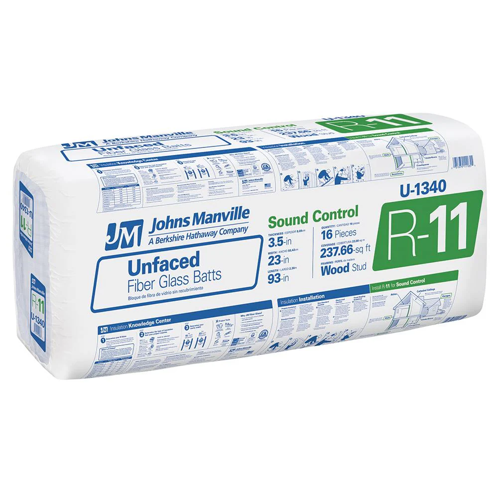 Johns Manville R-11 Unfaced Fiberglass Batt Insulation, 23 in x 93 in (237.66 sq ft, 16-Pack)