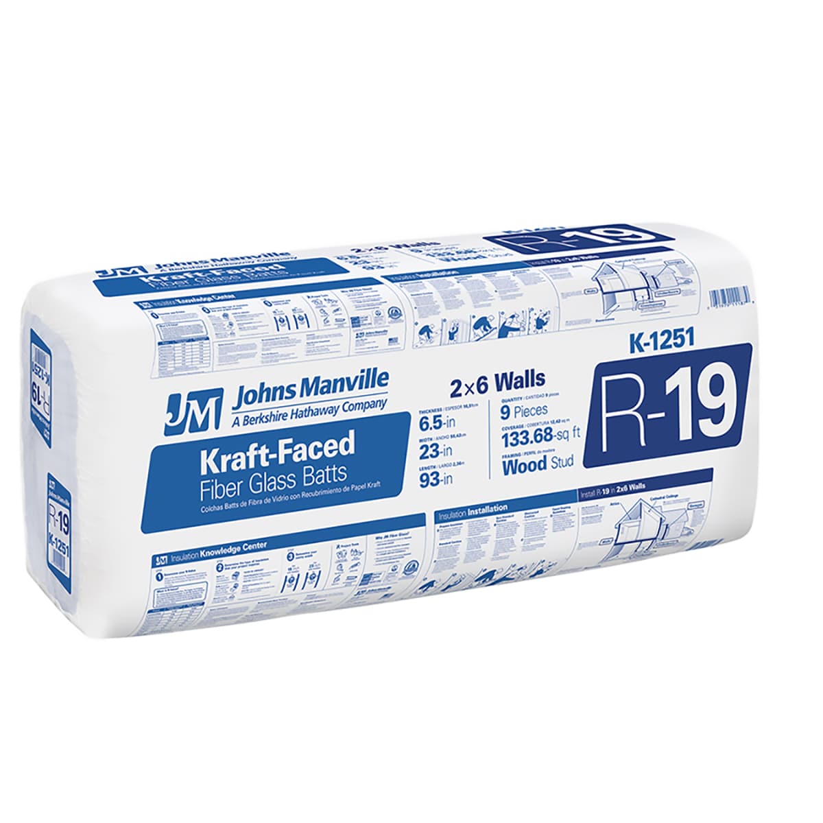 Johns Manville R-19 Kraft-Faced Fiberglass Batt Wall Insulation, 133.68-sq ft Coverage, 23-in x 93-in (K1251S)