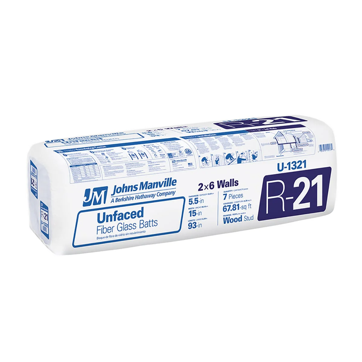 Johns Manville R-21 Unfaced Fiberglass Batt Wall Insulation, 67.81-sq ft Coverage (15-in W x 93-in L) – U1321S