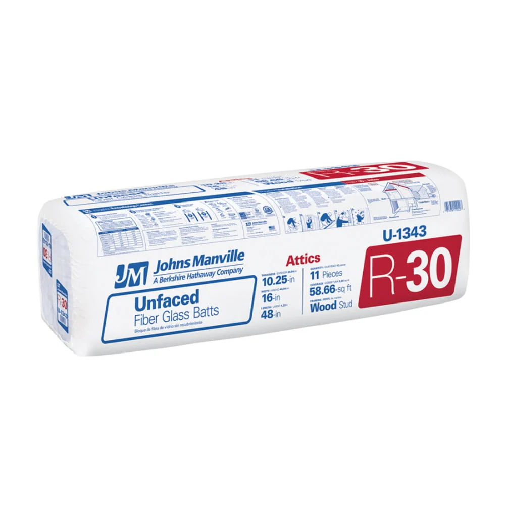 Johns Manville R-30 Unfaced Fiberglass Batt Attic Insulation, 58.66-sq ft Coverage (16-in W x 48-in L)