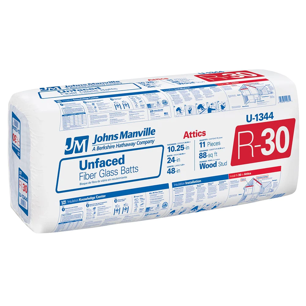 Johns Manville R-30 Unfaced Fiberglass Batt Insulation, 88-sq ft Coverage, 24 in x 48 in (U1344S)
