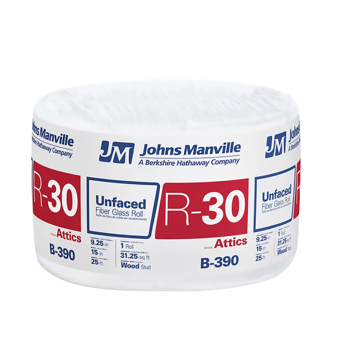 Johns Manville R-30 Unfaced Fiberglass Roll Insulation, 31.25-sq ft Coverage (15-in W x 25-ft L), Multi-Pack, B390S