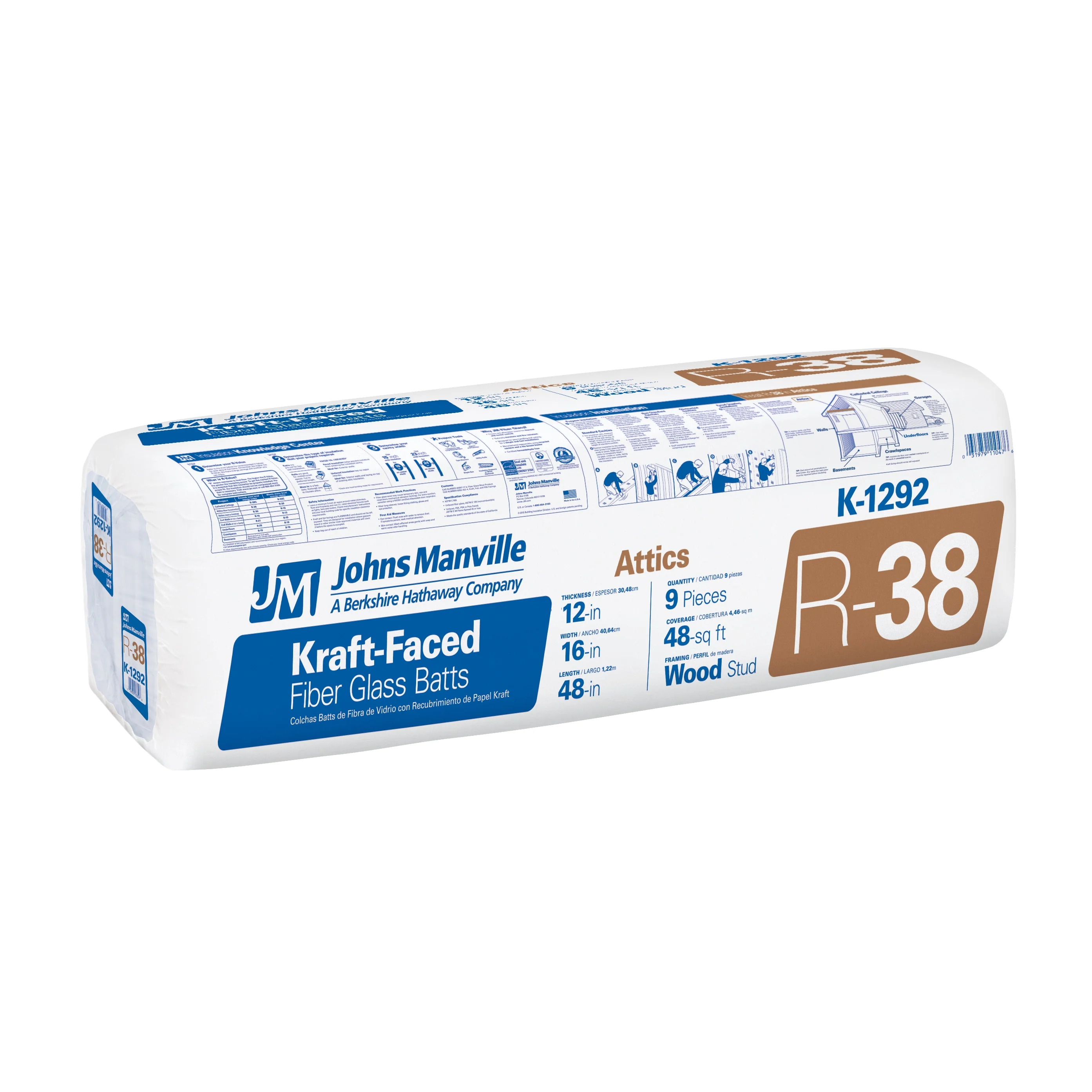 Johns Manville R-38 Kraft-Faced Fiberglass Batt Insulation, 48-sq ft Coverage, 16 in x 48 in (K1292S)