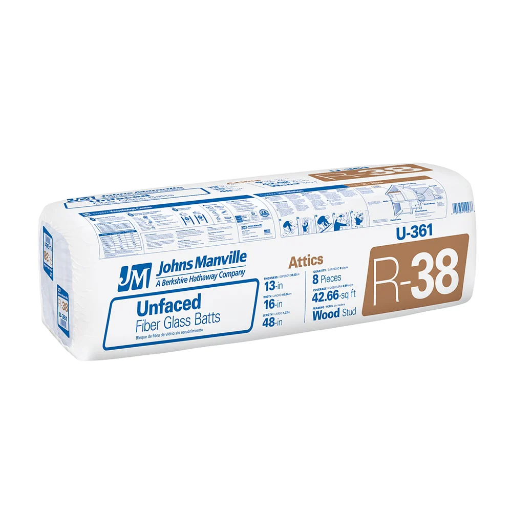 Johns Manville (JM) R-38 Unfaced Fiberglass Batt Insulation, 16 in x 48 in, 42.66 sq ft