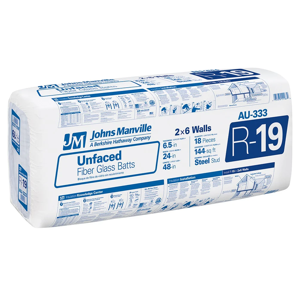 JM R-19 Unfaced Fiberglass Batt Insulation, 24 in x 48 in, 144 sq ft (18-Pack)
