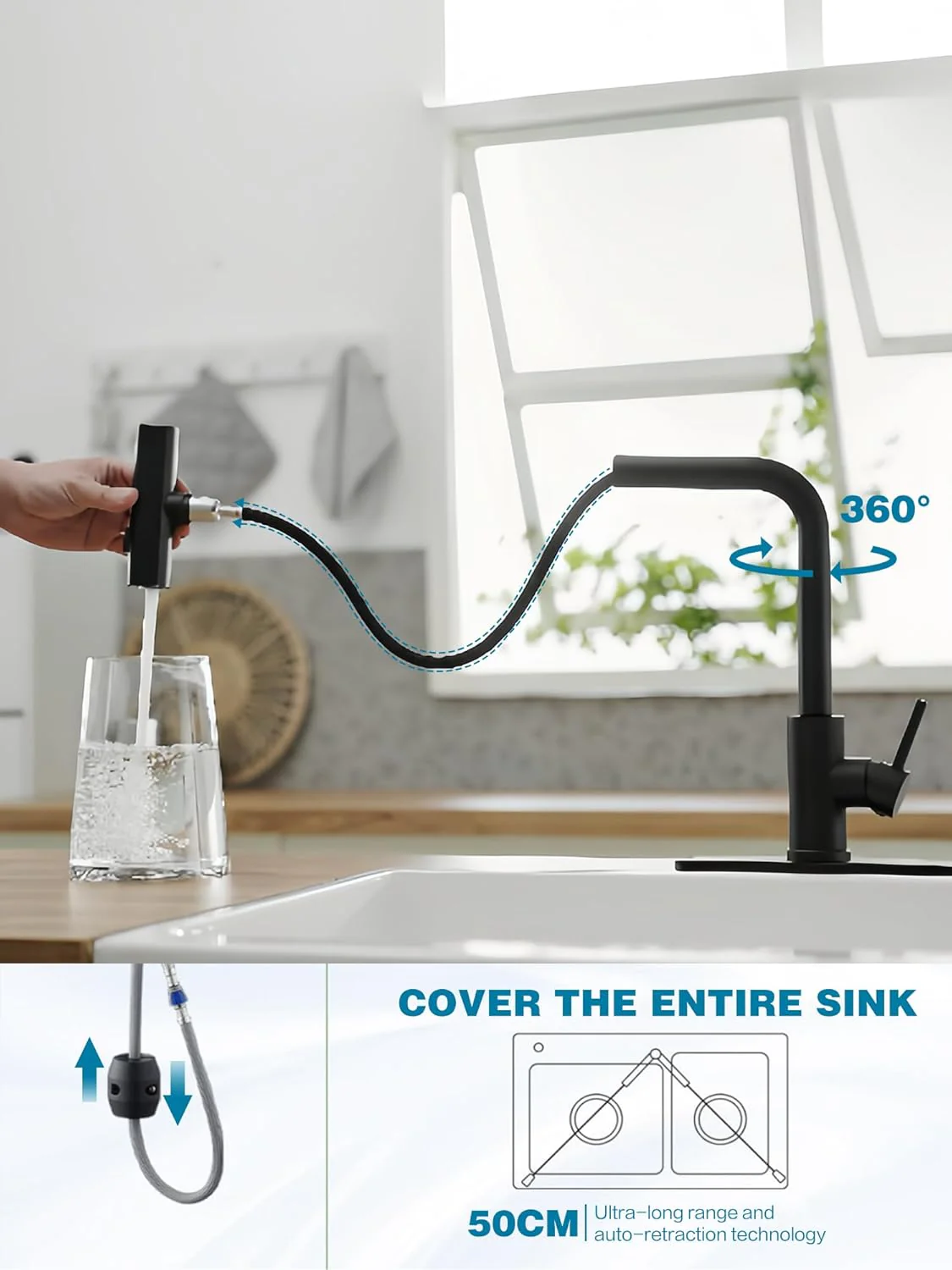 JOOM Black Kitchen Faucet with Pull Down Sprayer, Waterfall Design, Stainless Steel - Image 7