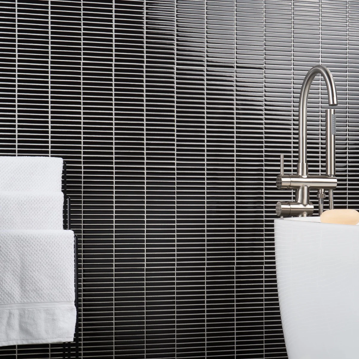 Kai Black Glossy Porcelain Mosaic Tile - 1x4" Tri-Stacked - Image 7