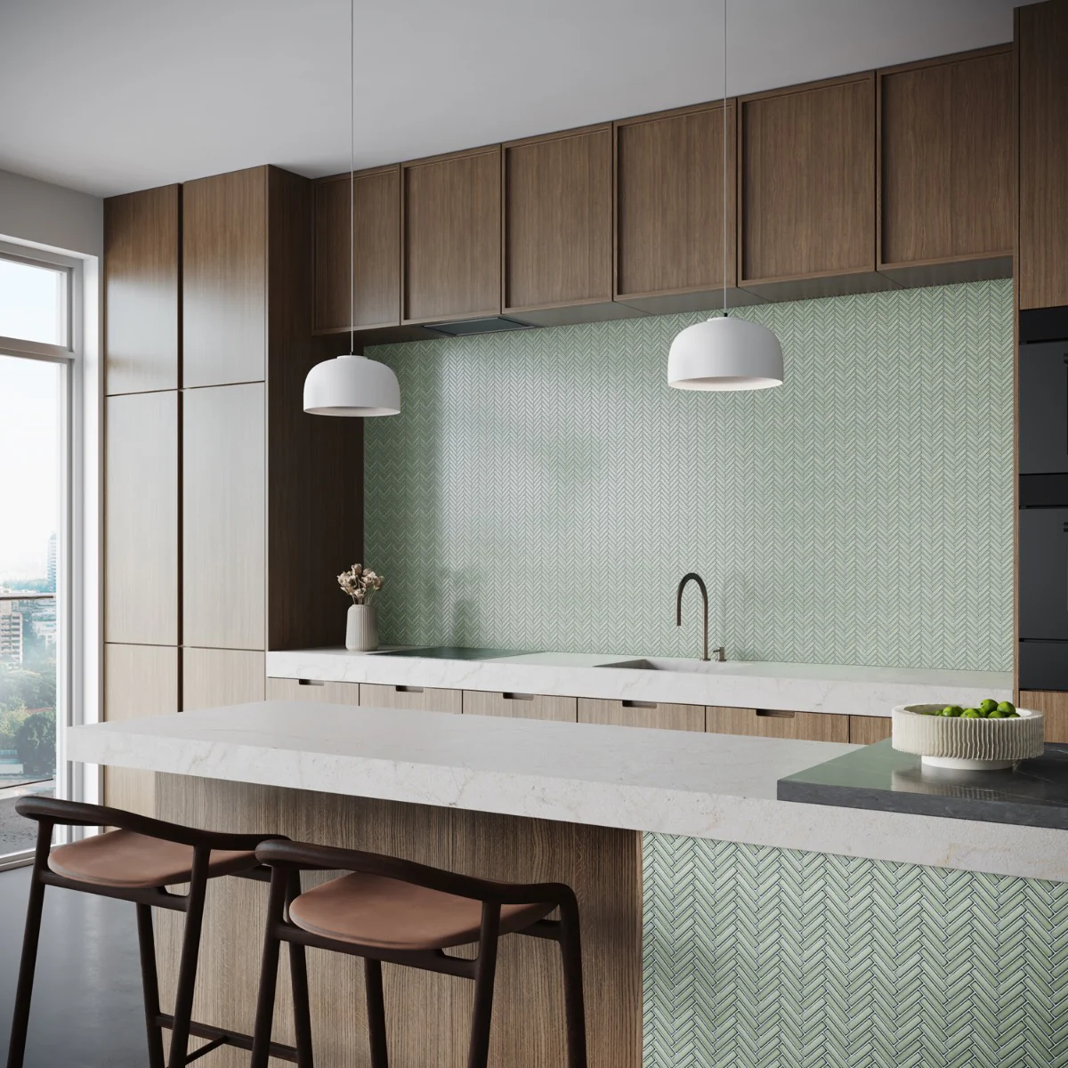 Kai Mint Green 1x2" Herringbone Glossy Porcelain Mosaic Tile - Image 4