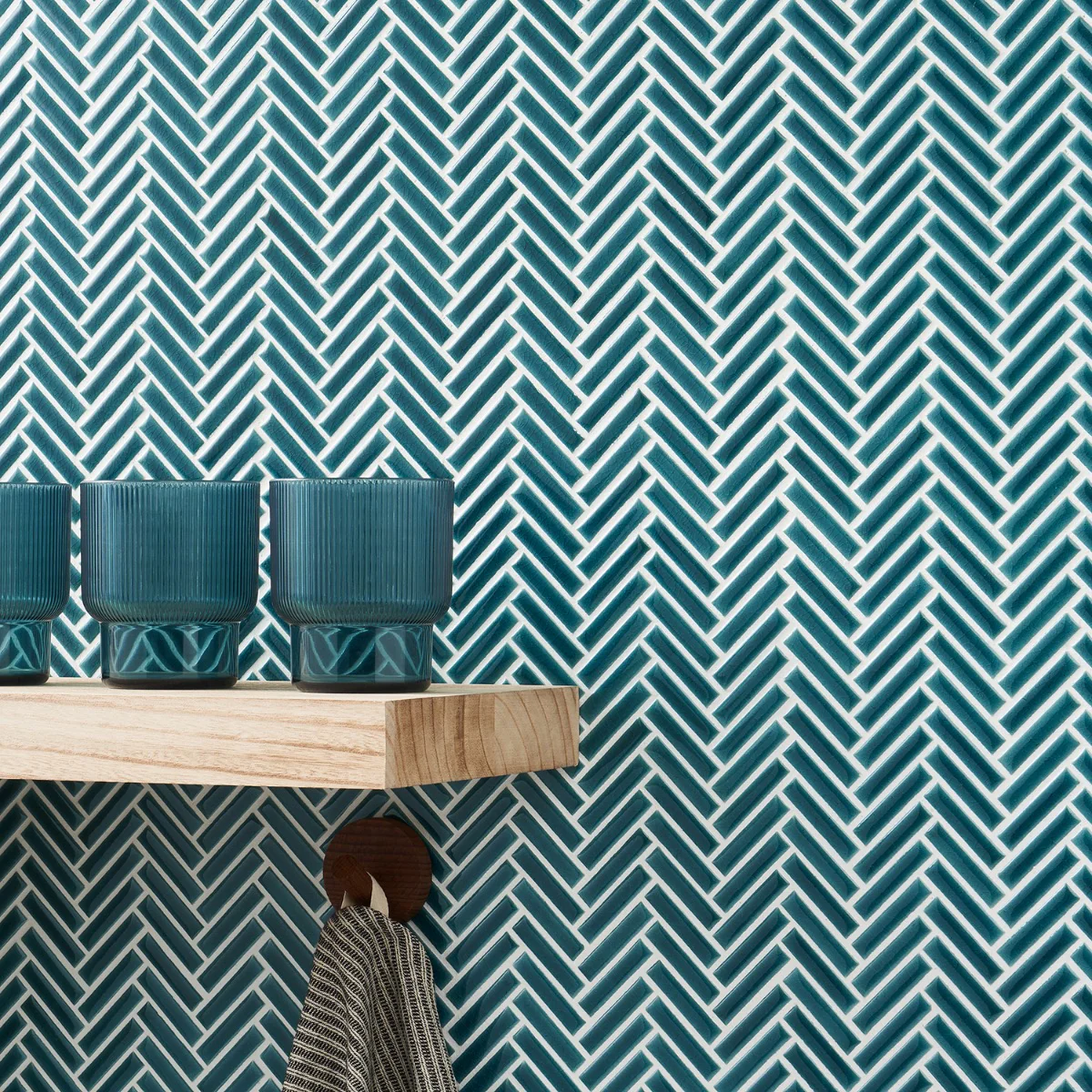 Kai Teal Herringbone Crackled Glossy Porcelain Mosaic Tile - Lux Tile - Image 2