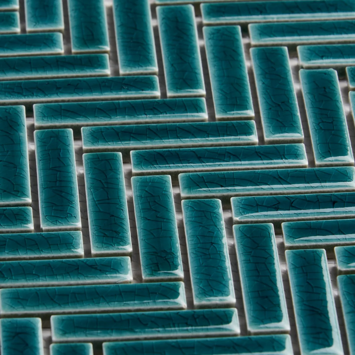 Kai Teal Herringbone Crackled Glossy Porcelain Mosaic Tile - Lux Tile - Image 3