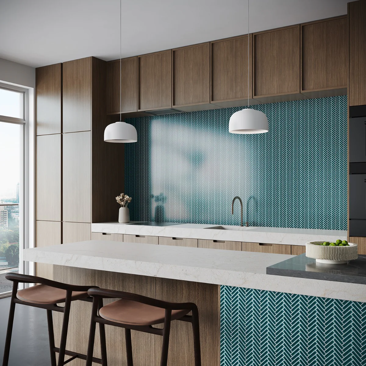 Kai Teal Herringbone Crackled Glossy Porcelain Mosaic Tile - Lux Tile - Image 4