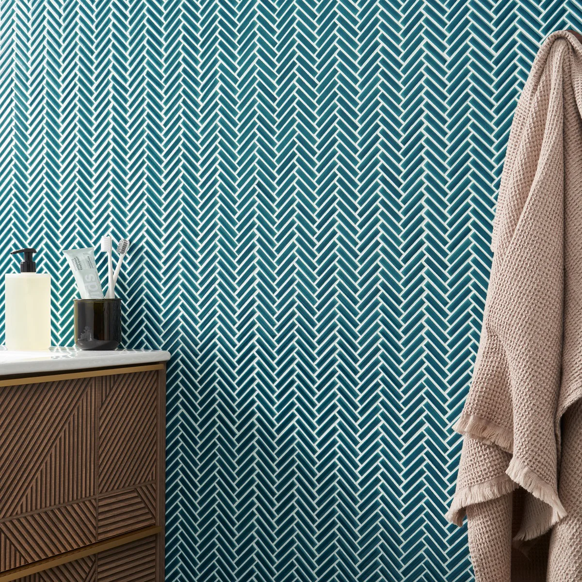 Kai Teal Herringbone Crackled Glossy Porcelain Mosaic Tile - Lux Tile - Image 7
