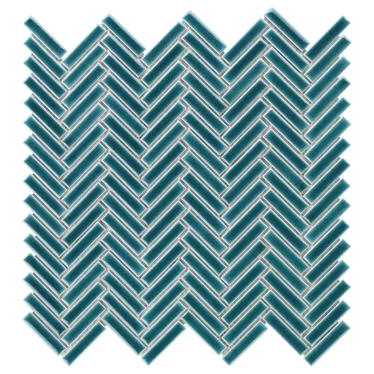 Kai Teal Herringbone Crackled Glossy Porcelain Mosaic Tile - Lux Tile - Image 9