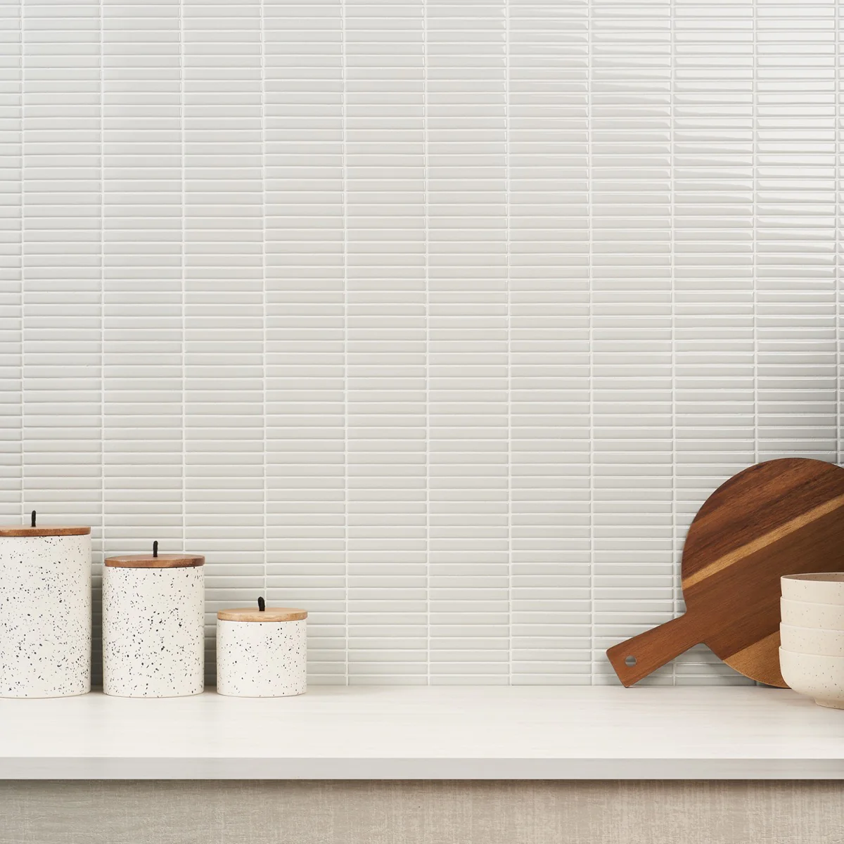 Kai White Glossy Porcelain Mosaic Tile - 1x4" Tri-Stacked Design - Image 2