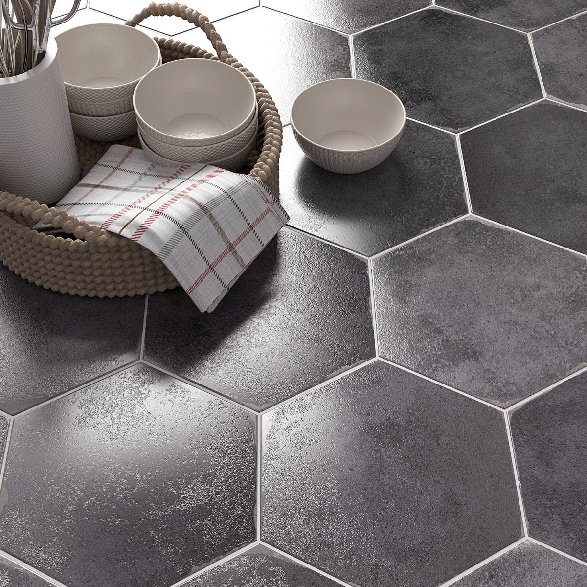 Kalay Antracite Gray 9" Hexagon Polished Porcelain Tile - Image 6