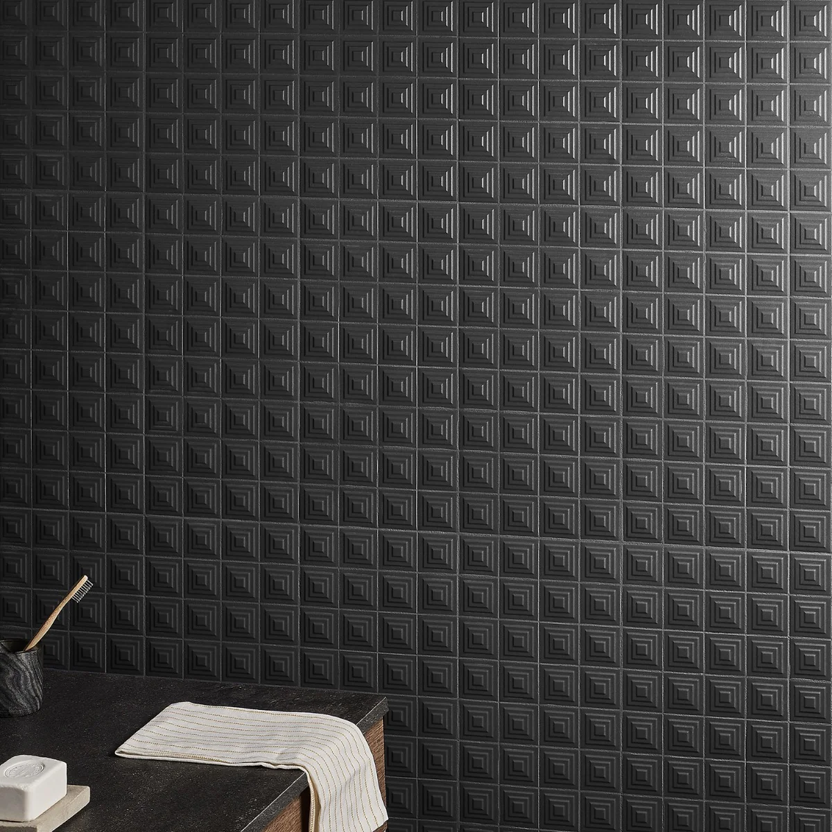 Kinzie Pyramid Charcoal Black 8x16 3D Matte Ceramic Tile by Lux Tile - Image 4