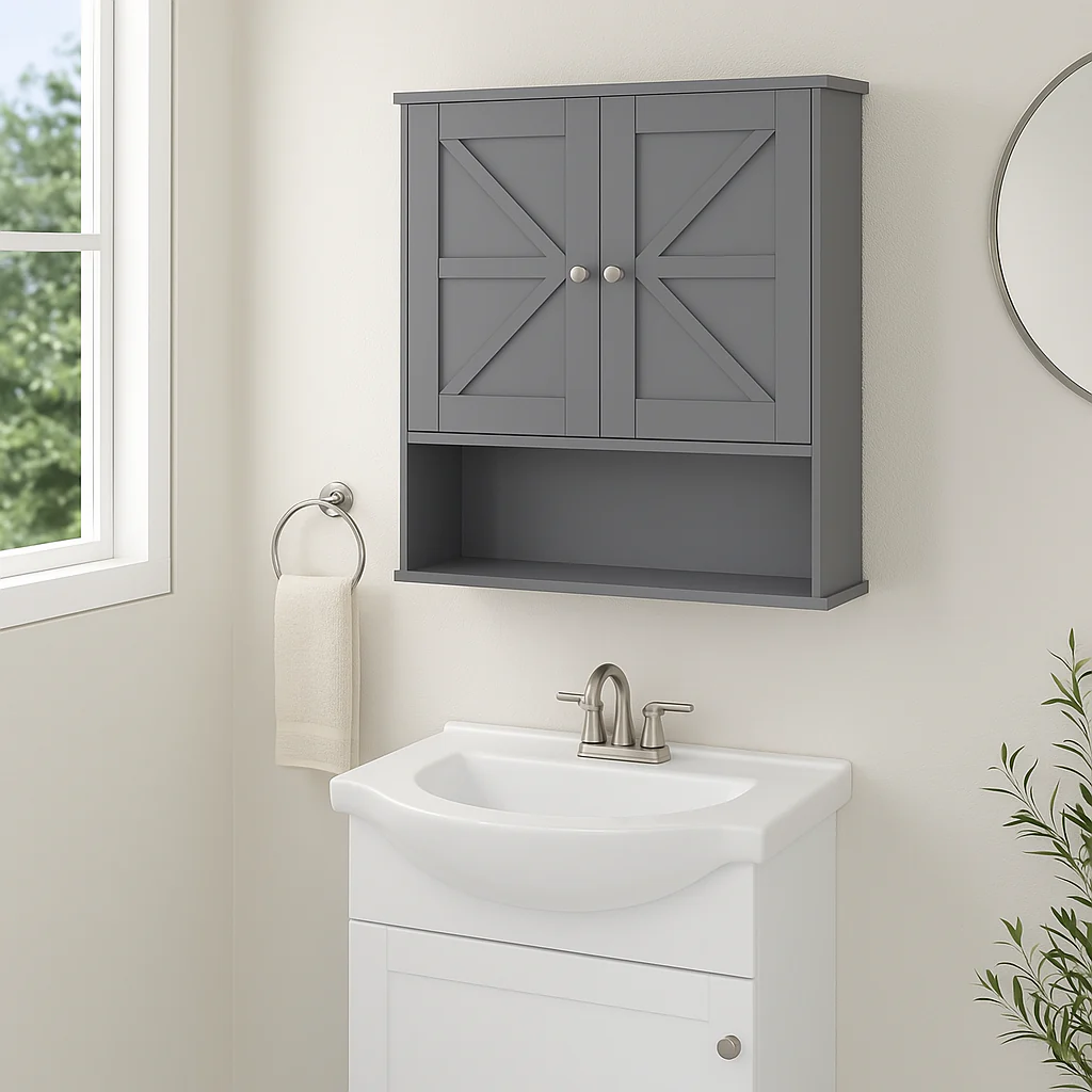 kleankin 22.75 in. W x 24.25 in. H x 7.75 in. D Gray Farmhouse Bathroom Wall Cabinet with Adjustable Shelf - Image 2