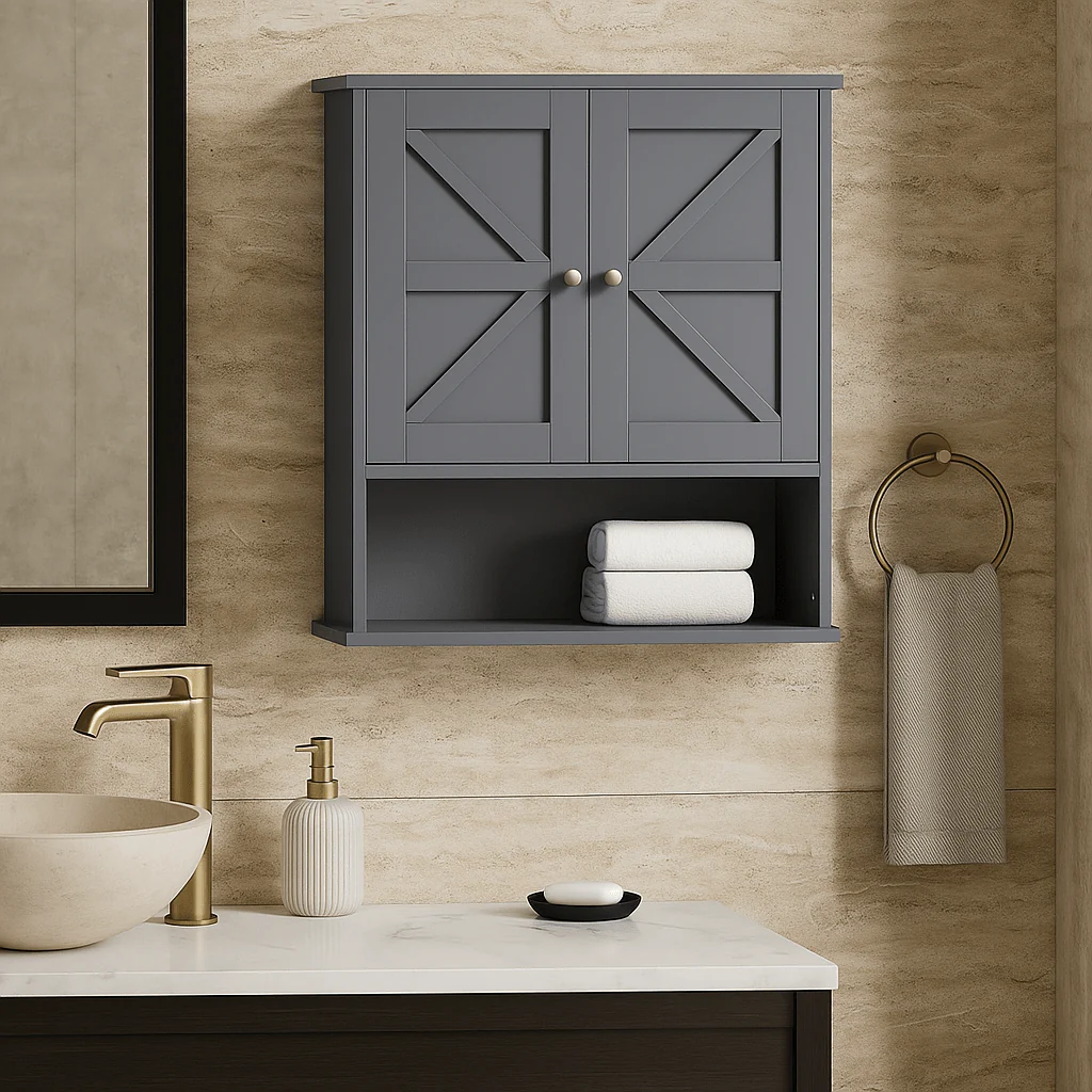 kleankin Gray Farmhouse Bathroom Wall Cabinet with Adjustable Shelf - Image 3
