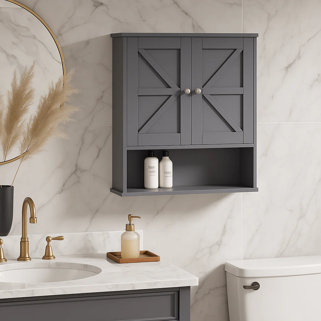 kleankin Gray Farmhouse Bathroom Wall Cabinet with Adjustable Shelf - Image 4