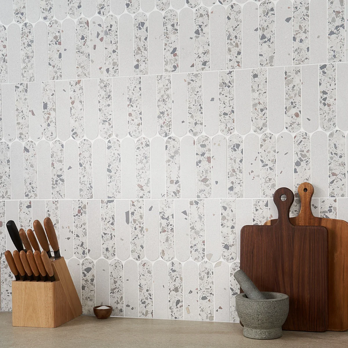 Kobe Fin Ice White Terrazzo Look Matte Porcelain Mosaic Tile - Image 3